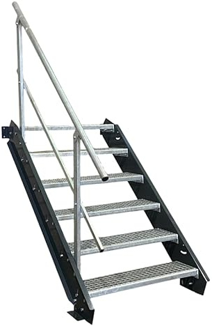 SRM Design 6 Stufen Stahltreppe Stufenbreite 60 cm 1x Geländer anthrazit | Geschosshöhe 90 - 120 cm feuerverzinkt Wangentreppe Geschosstreppe stabile Industrietreppe für Innen- und Außenbereich