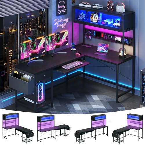 L Shaped Gaming Desk with Power Outlets & LED Lights, 49'' Reversible Computer Desk with Hutch & Pegboard & Display Cabinet, Corner Home Office Desk with Drawer & Keyboard Tray & Storage Bag, Black