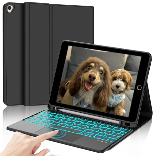 IVEOPPE Funda Teclado para iPad 9 Generacion con Touchpad, Teclado Trackpad Español Ñ Retroiluminado Bluetooth Desmontable para iPad 10.2 9ª/8ª/7ª Generación, iPad Pro 10.5, iPad Air 3, Negro