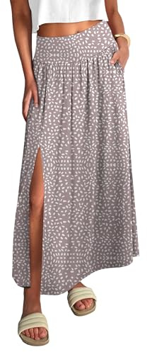 ANRABESS Women's Maxi Skirts, Soft Flowy Boho Floral, Long Casual Side Slit Skirt, Perfect for Beach, Vacation & Summer Gray Khaki Polka Dot Small