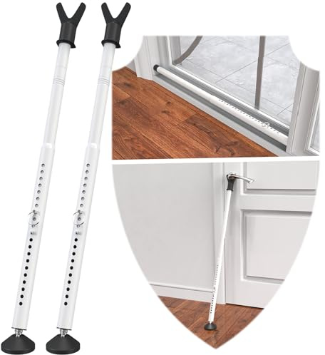 Sliding Door Stoppers Security Bar, 3-in-1 Apartment Patio Door Security Bar From Inside, Adjustable Front Door & Window Barricade Security Stick for Home Safety, 2-Pack Burglar Door Jammer Lock White