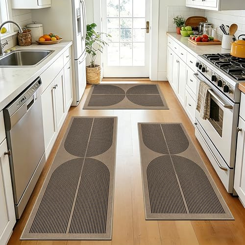 Capslpad Kitchen Rugs Sets of 3 Non Slip Jute Look Kitchen Mat Set Washable Boho Kitchen Rugs and Mats Black Kitchen Runner Rug Floor Carpet for Laundry, Hallway, (50x80cm+50x120cm+50x150cm)