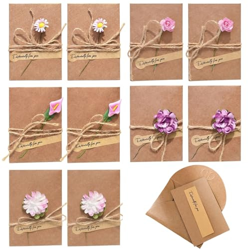 GWEOR 10 Pcs Biglietto Di Auguri Cartolina Buste,7 * 10.5cm fiori secchi biglietti d'auguri,Cartoncini Augurali Di Matrimonio Compleanno Lettera Natale