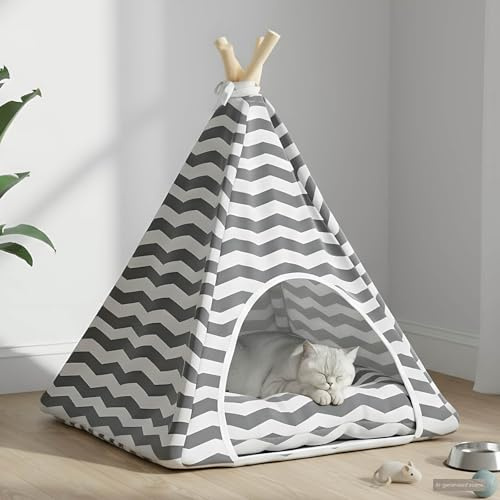 Haustier-Tipi für Hunde und Katzen, Hundehaus mit Kissen, Kuschelhöhle für kleine Haustiere, Indoor-Zelt aus Kiefernholz und Polyester, 50 x 50 x 60 cm