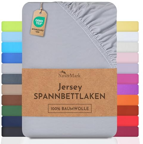 NatureMark Jersey Spannbettlaken, Spannbetttuch 100% Baumwolle in vielen Größen und Farben MARKENQUALITÄT ÖKOTEX Standard 100 | 140 x 200 cm - 160 x 200 cm - Silber grau