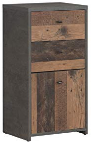 FORTE Best Chest Kommode mit 1 Tür und 2 Schubladen, Holzwerkstoff, Old-Wood Vintage kombiniert mit Betonoptik, 40,3 cm x 77,5 cm x 29,6 cm