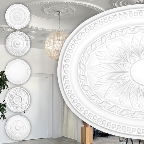 HEXIM Perfect Stuckrosette aus PU hartschaum - Deckenrosette weiß, Zierelement, Stuck (B2030, 470x345mm) Wanddekoobjekt Innendekoration Dekor Oval