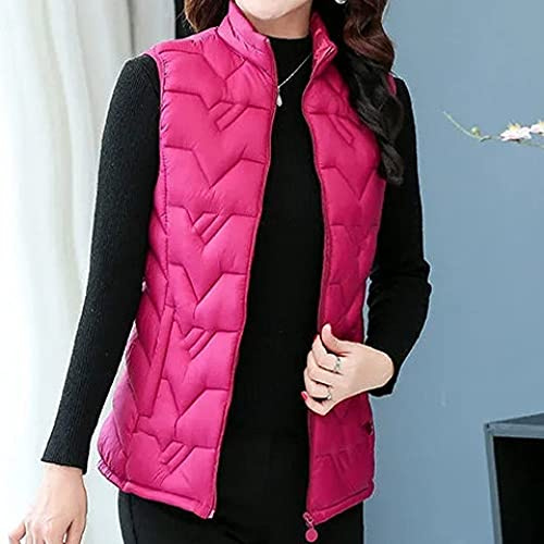Chalecos Exteriores Para Mujer,Chaleco Acolchado Para Mujer A Prueba De Viento Cuello Alto Chaqueta Sin Mangas Chaleco Con Bolsillos Cremallera Fucsia Calentadores De Cuerpo Para Mujer Regalo De Oto