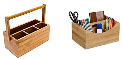 Relaxdays Schreibtischorganizer, aus Bambus, 4 Fächer, Henkel zum Tragen, 20 x 25 x 11,5 cm, natur & Schreibtischorganizer Bambus, Stifteköcher, 4 Fächer, Griff, ca. 12 x 25 x 18 cm, natur