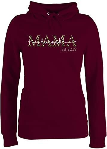 Pullover Damen Hoodie Frauen - Mama mit Namen und Jahreszahl - Lettering braunes Leomuster - L - Burgundrot - personalisierte Geschenke Muttertag Mutti mom Pulli mutterzagsgeschenke Mutter Hoodies