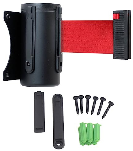 Danieli | Transenna da Muro in Metallo da 3 Metri con Nastro e Clip Ricevente | Barriera a Nastro Segnaletico Estensibile | Barriera di Sicurezza con Montaggio a Parete (ROSSO)