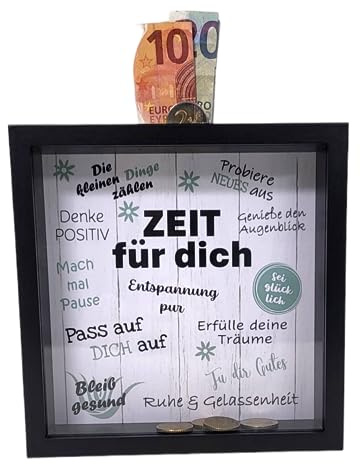 BUSDUGA 4370 Sparkasse Bilderrahmen Zeit für Dich, 20x20x5cm, Spardose Geldgeschenk (Schwarz)