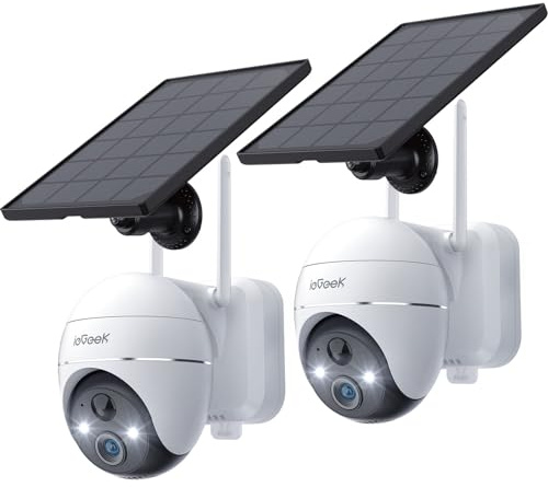 ieGeek 2K Überwachungskamera Aussen Akku, Solar Überwachungskamera mit 355°/140° Pan Tilt, 20m Farbnachtsicht, PIR Bewegungsmelder, Sirene/Weißlichtalarm,4dbi Doppelantenne, IP65, Weiß (2pcs)