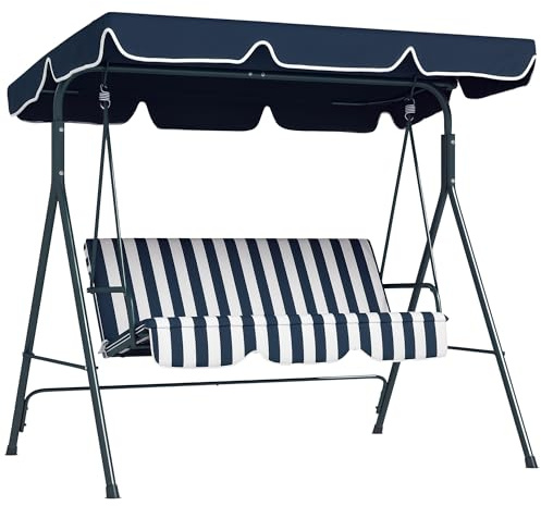 Outsunny Columpio de Jardín Exterior de 3 Plazas, Balancín de Jardín Exterior con Techo Ajustable y Marco de Acero, para Balcón, Terraza, Patio, Carga 240 kg, 172x110x153 cm, Raya Azul