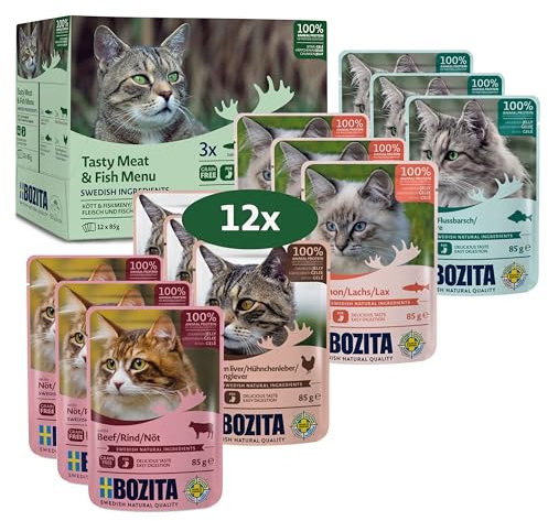 Bozita Nassfutter Häppchen in Gelee mit Fisch und Fleisch- 12x85g Portionsbeutel getreidefreies & weizenfreies Futter für Katzen - Katzennassfutter für Adult-Katzen mit 8,5% Protein & 4,5% Fettgehalt