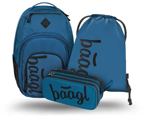 Baagl Schulrucksack Set 3 Teilig Jungen Mädchen Laptopfach - Ocean Blue | Ergonomischer großer Rucksack mit Kühlfach für Teenager, Grundschule Ranzen mit Brustgurt und Daypack 35 l bietet Platz.