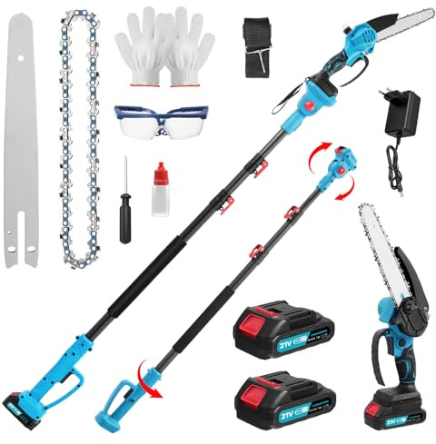 Mini motosierra 2 en 1 y sierra de podar telescópica, batería de 21 V, 2,1 m telescópica con sistema de lubricación, con 2 baterías, 2 cadenas, tecnología de motor sin escobillas, motosierra manual