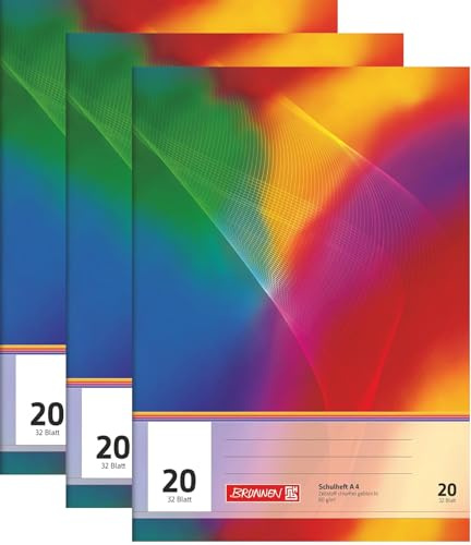 BRUNNEN 3er Pack Schulhefte | A4, Lineatur 20, 32 Blatt, mehrfarbig