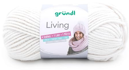 Gründl Wolle Living 1 Knäuel 100 g, Creme | Strick- und Häkelgarn - waschbares Garn - 80 % Polyacryl, 20 % Polyamid - 100 g / 100 m - Nadelstärke 8-9