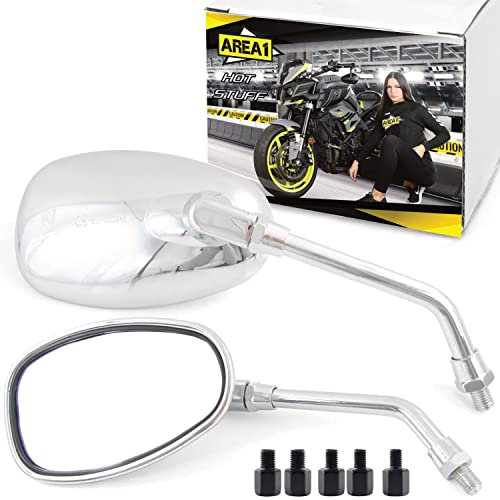 Area1 Universal Motorrad Rückspiegel Paar e-geprüft 2xM10 Rechtsgewinde + 5Adapter, Spiegel für Vintage Custom Chopper Retro Naked-Bikes Scrambler Streetfighter Cafe-Racer (oval/chrom)