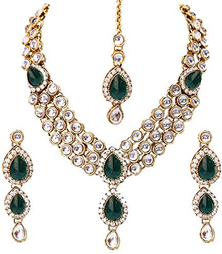 Aheli Wedding Wear Indian Kundan Maang Tikka Earrings Necklace Set Bollywood Ethnic Traditional Bharatanatyam jewellery set Gift for Women