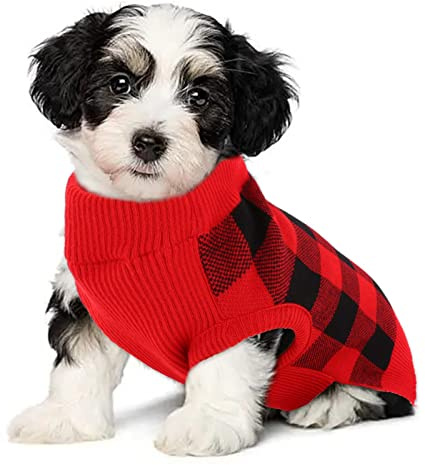 KATZINST Hunde Pullover, Weihnachtspullover Hund, Fleece Hundepullover Weihnachten mit Karomuster, Hundepullover Mittelgroße Hunde für Chenery Malteser Jack Russell, Rot Schwarz L