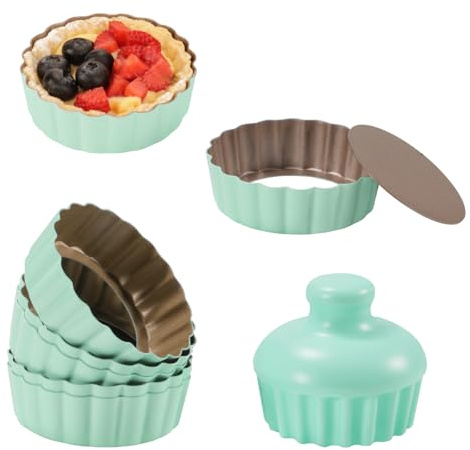 LIFVCNT Mini Tart Pan Set, 6PCS 3.6 Inch Tart Pans with Removable Bottom and Tart Tamper, Extra Deep 1 Inch Tartlet Pan, Nonstick Bakeware for Mini Pies, Tarts, Quiches, Cheesecakes (Green)