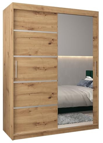 MEBLE KRYSPOL Kleiderschrank mit Spiegel Verona 2 - Garderobenschrank - Schrank Schlafzimmer - Mehrzweckschrank Zwei Schiebetüren - Regalen - Flur Möbel - Kleiderstange Schrank - Allzweckschrank