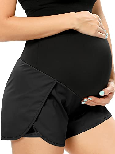 POSHGLAM Women‘s Maternity Shorts Over Belly Workout Running Casual Summer Pregnancy Shorts(Black, Large)