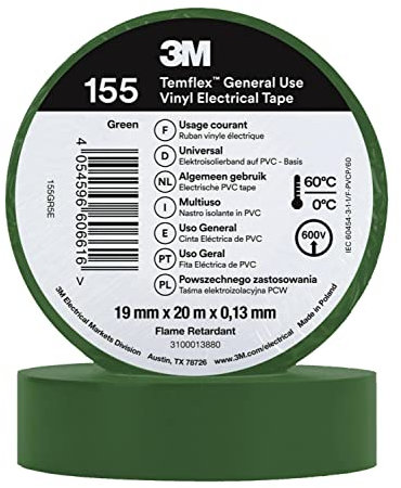 3M Temflex - Cinta aislante de vinilo, color verde, 0,13 mm x 19 mm x 20 m hasta +60 °C