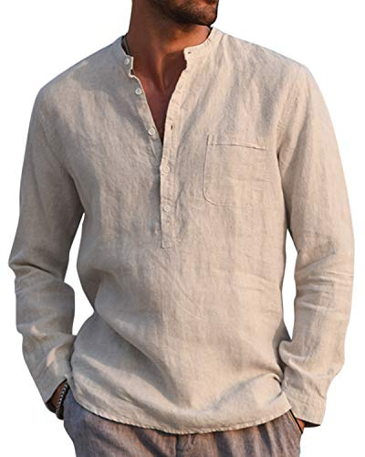 Kvruhuiy Baumwolle Leinenhemd Herren Lang Ärmel Casual Hemd Regular Fit Freizeithemd Shirts Khaki XXL