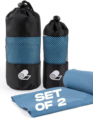 MOMO WAY Mikrofiberhandduk Set om 2 Ultralätta Kompakta Snabbtorkande Sporthanddukar Strandhandduk Resehandduk Eller Badhanddukar Blå 30 x 80 cm och 80 x 120 cm
