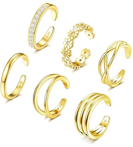 FIOROYAL 6 Stück 14K Gold Gefüllte Zehenring Verstellbare Zehenringe Set für Damen Mädchen CZ Herz Offene Zehenringe Sommer Strand Fußschmuck Blumentyp
