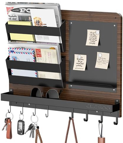 CLESOO Schlüsselbrett mit Ablage & Briefhalter 8 Schlüsselhalter Wand Briefablage mit 2 Posthalter, Memoboard- Schlüsselleiste Schlüsselboard Dekoration Schlüsselhaken für Verbindungsgang Flur