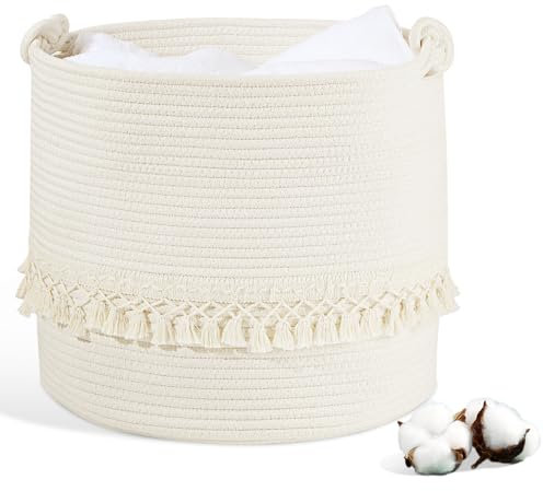 HDRNT Wäschekorb Geflochten aus Baumwolle,38L Wäschesammler mit Henkel,Pfandflaschen Aufbewahrung,Aufbewahrungskorb Laundry Baskets für Spielzeug,Wäsche Organizer für Bad(35x40cm) (Weiß)