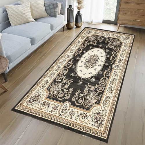 YANHONG Handwebteppich Läufer Teppich 60 x 290 cm Anpassbar rutschfest Velours Kücheläufer Teppichläufer mit rutschfestem Gelrücken für Esszimmer, Küche, läufer Flur, Schwarz