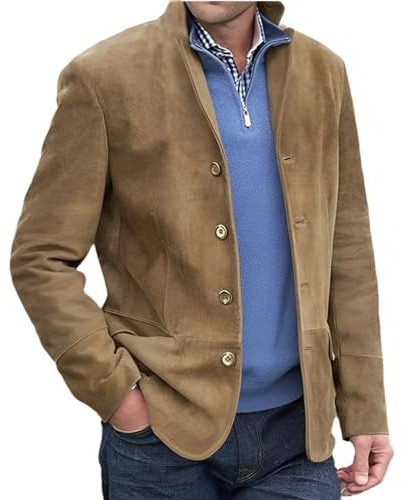 HESYSUAN Blazer décontracté à col montant élégant pour homme avec poche à revers à manches longues en daim Veste décontractée avec bouton fin Costume Blazer d'affaires