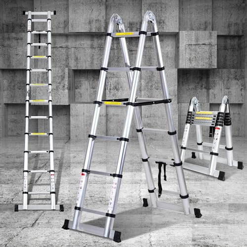 Eulenke Scala telescopica in alluminio 3,8 m / 1,9 m + 1,9 m, scala pieghevole con barra di bilanciamento, scala retrattile portata 150 kg, scala pieghevole salvaspazio, antiscivolo, argento