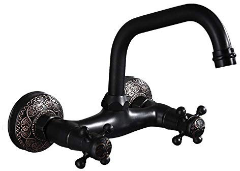 RajoNN Lavabo Antico Interamente in Rame Nero nella Parete Miscelatore lavamani per Acqua Calda e Fredda Lavabo da Bagno Doppio Foro Doppia Maniglia Doppia Leva