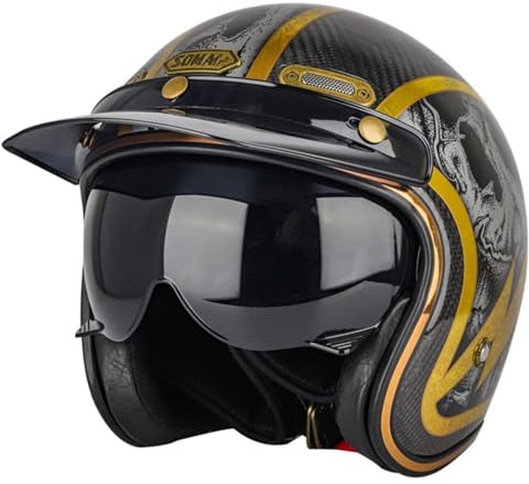 Carbon Fiber Retro-Motorradhelm Halber Jethelm Mit Offenem Gesicht Rollerhelm Mit Visier, DOT/ECE-Zugelassener Mopedhelm Für Erwachsene Männer Und Frauen B,M