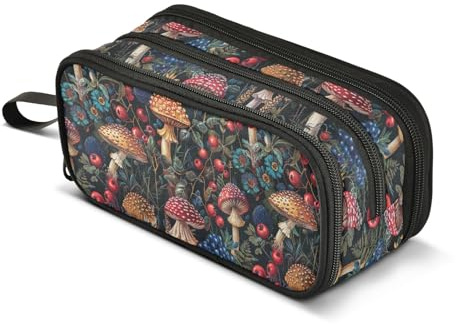 CHIFIGNO Federmäppchen mit 3 Fächern im Vintage-Stil, Pilze und Blumen, Kosmetiktasche, Stiftebehälter für Mädchen, Jungen, Teenager, Männer, Frauen