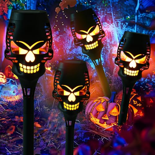 Hzdyopk Solarleuchten Fackeln mit Realistischer Flammeneffekt - 4 Stück IP65 Wasserdicht Gartenfackeln für Halloween Deko Outdoor Garten