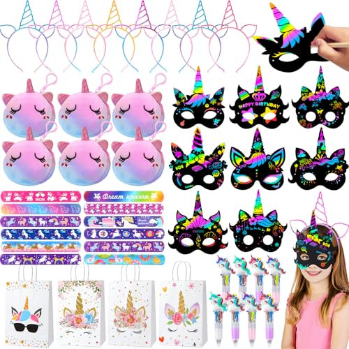 Toyssa Kit Anniversaire Licorne - Cadeau avec Pinata, Porte-Monnaie, Masque à Gratter, Stylo Bille, Bandes de Cheveux, Bracelet Claquer et Sac Fête pour Enfants Invités