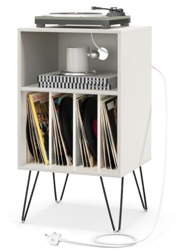COSTWAY Record Player Stand with Charging Station, Turntable Stand End Sofa Side Table with 5 Shelves & Cable Hole, Albums Vinyl Record Storage Cabinet Holder for Living Room Bedroom (White)