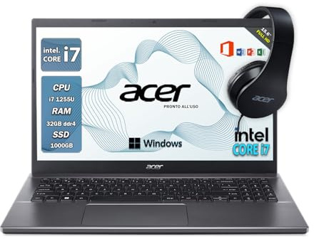 acer notebook i7, Pc portatile intel core 1255U, 32gb ram, SSD 1 TB, Display 15.6, FHD, BT, WiFi, Windows 11 Pro, Laptop i7 pronto all'utilizzo, Cuffie omaggio