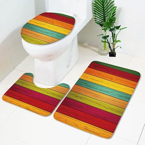 Bad Teppiche Set Rote Orange Streifen Badezimmerteppich Waschbar WC Vorleger mit Ausschnitt und WC Deckelbezug 3 Teilig Badematte rutschfest Toilettensitzbezug Badgarnitur 45x75 cm