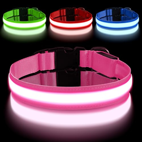AUAUY Lysande hundhalsband, USB-uppladdningsbart lysande hundhalsband, justerbart LED-hundhalsband med 3 ivriga lägen, för medelstora hundar (L, rosa)