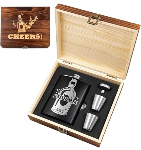 Daily Treasures Stainless Steel Hip Flask Gift Set in Luxury Wooden Box - 8oz Whisky Flask with Shot Glasses & Funnel,Portable Hipflask for Men Groomsmen Gifts,Camping Travel Wedding Outdoor Climbing