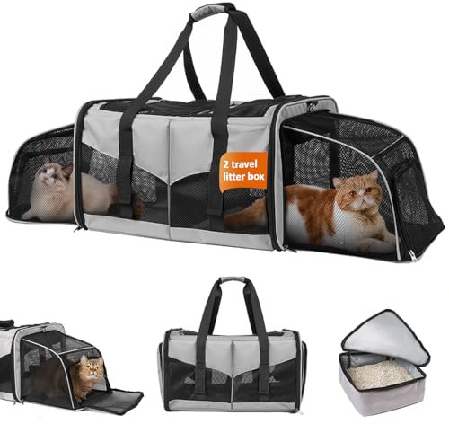 Cat Carrier for 2 Cats - LitaiL Large Cat Travel Carrier with Litter Tray, Expandable Double Cat Carriers for Cats Up to 40lbs, Portable 2-in-1 Soft Pet Travel Carrier for Indoor Outdoor