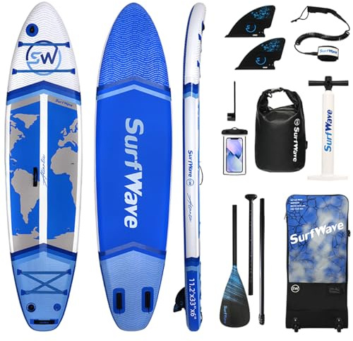 11'/6×34 Inflatable Stand Up Paddle Board w/Premium SUP Accessories & Backpack, Beginner SUP, Bottom Fin for Paddling, Paddle, Leash, Surf Control, Non-Slip Deck (Blue-2)